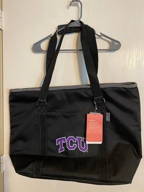 TCU Black Canvas Tote Bag with Purple Logo